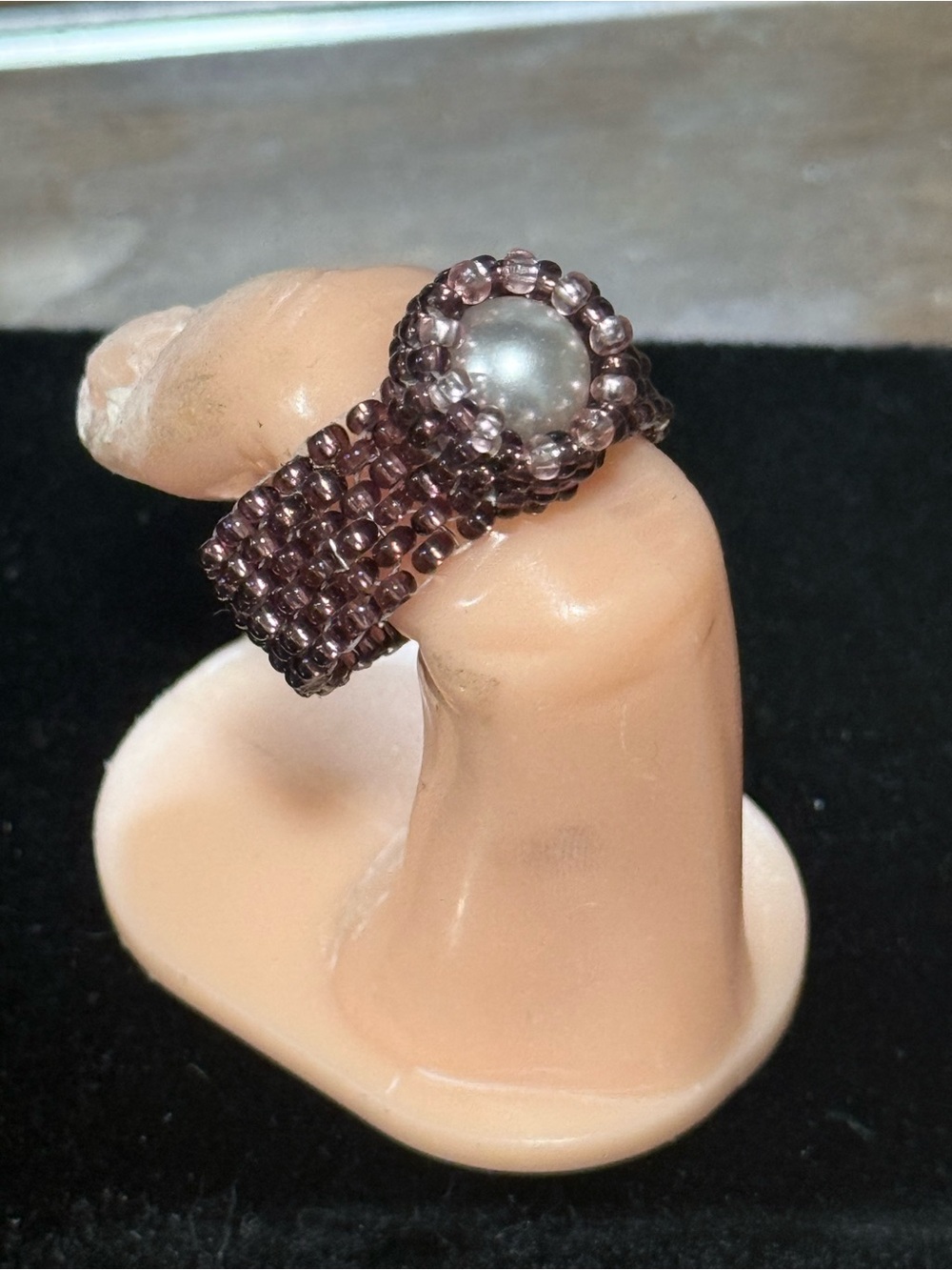 Handmade Purple Beaded Ring with Pearl Accent